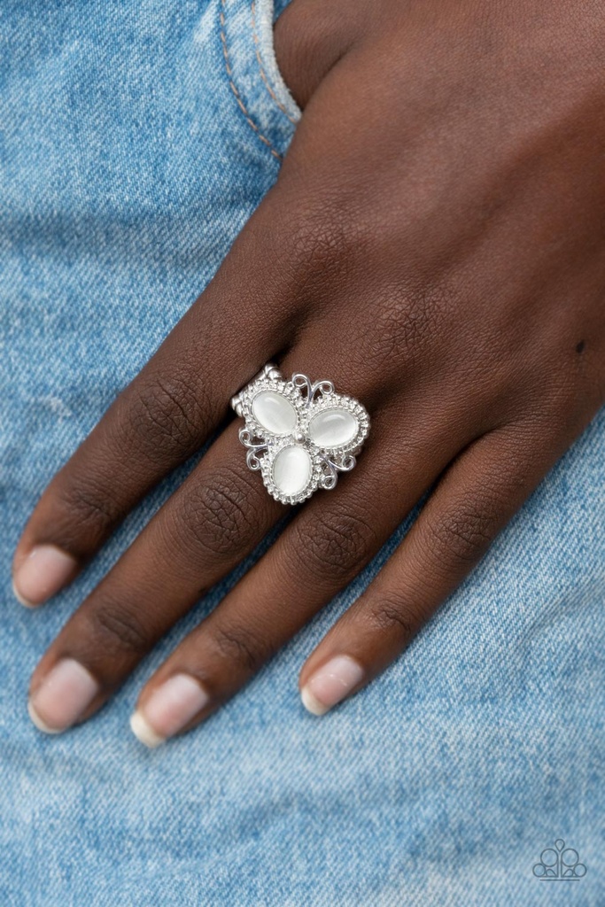 White Moonstone Ring with Silver Stretch Ring Band - Bewitched Blossoms