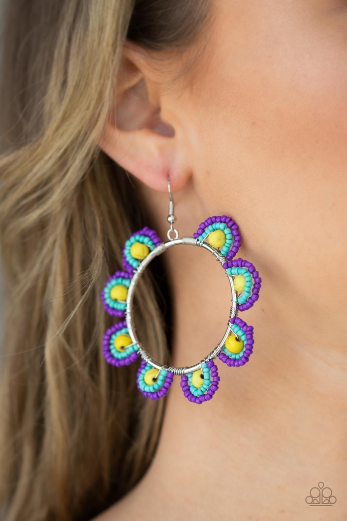Seed Bead Earrings in Blue Yellow and Purple - Groovy Gardens