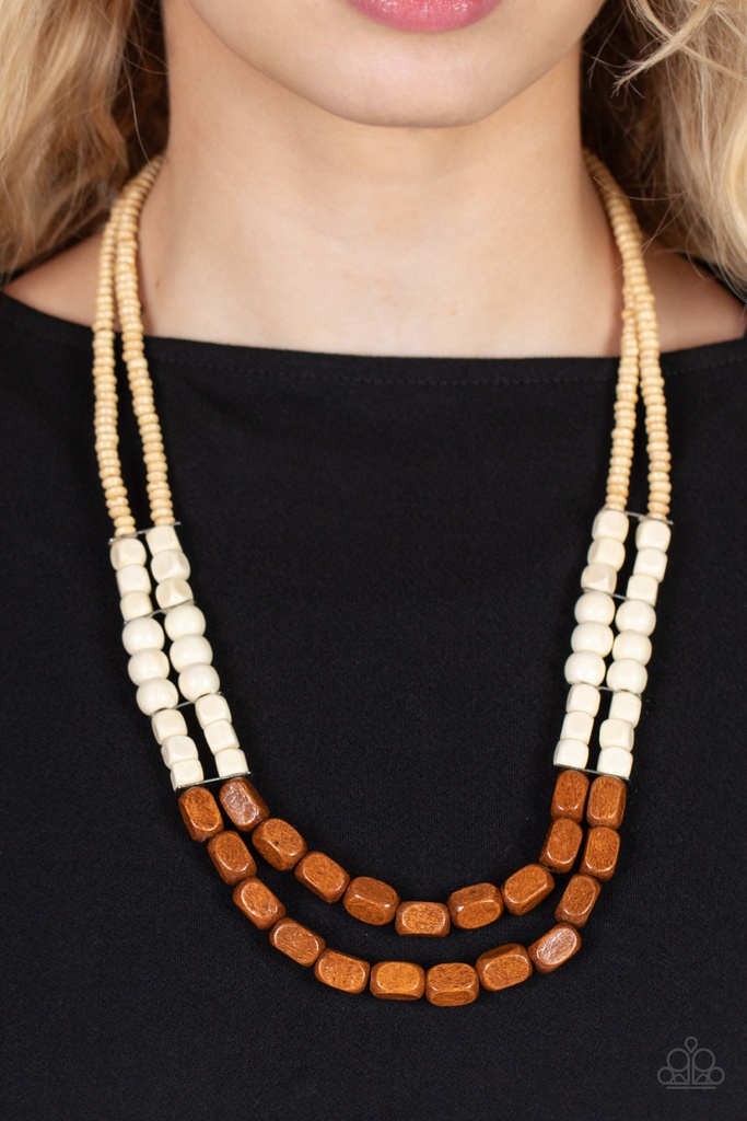 Layered Necklace with Brown Wood Beads - Bermuda Bellhop