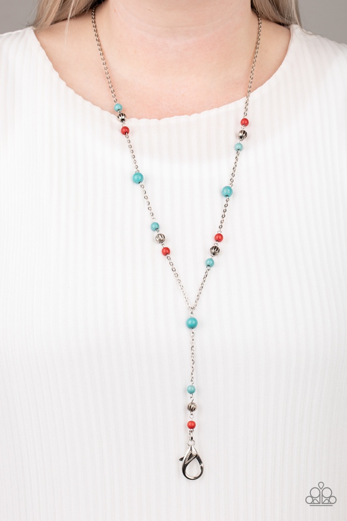Beaded Necklace Lariat with Red and Turquoise Stones in Silver - Sandstone Savannah's
