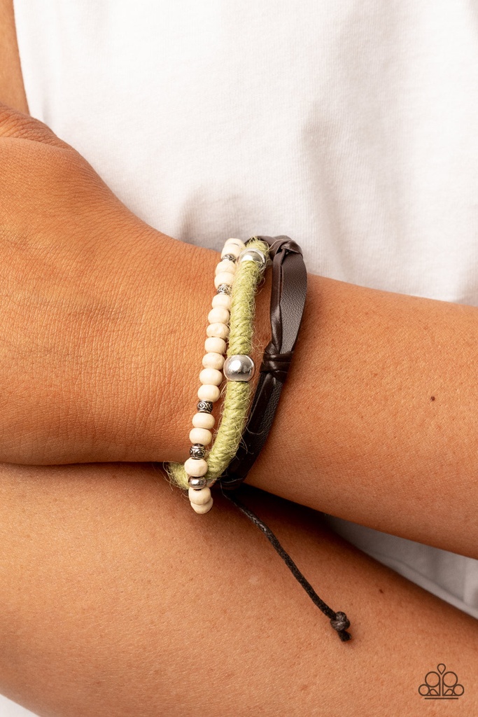 Leather Bracelet Urban with Green Beads and Twine - Timber Trail