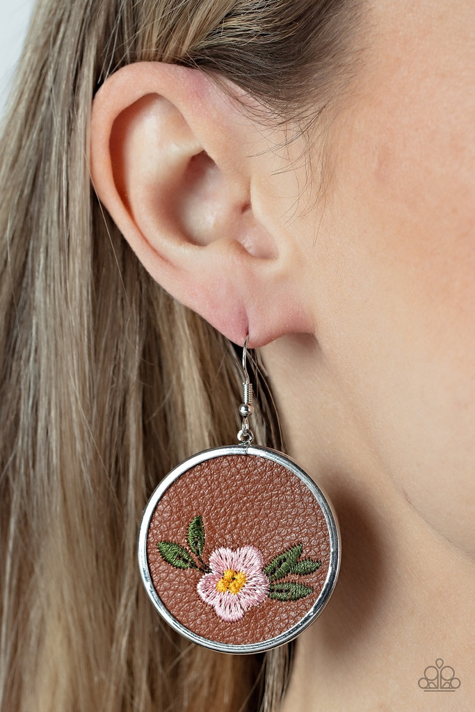 Leather Earrings Pink Flower Embroidered in Silver Dangle - Prairie Patchwork
