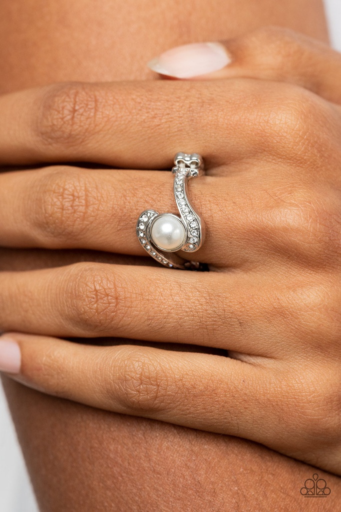 Pearl Stretch Ring with Crystals in Silver Adjustable Ring Band - Envious Enrapture