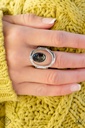 Black Stone Stretch Ring with Silver Loop Adjustable Ring Band - Marble Masterpiece