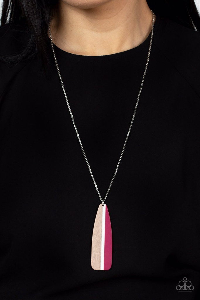 Wood Necklace Paddle with Pink and White Design in Dainty Silver Chain - Grab a Paddle