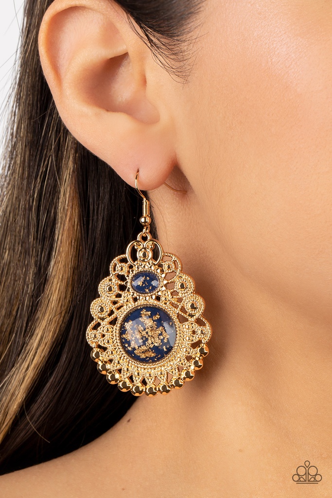 Dangle Earrings - Gold and Dark Blue Bead with Golden Foil - Welcoming Whimsy