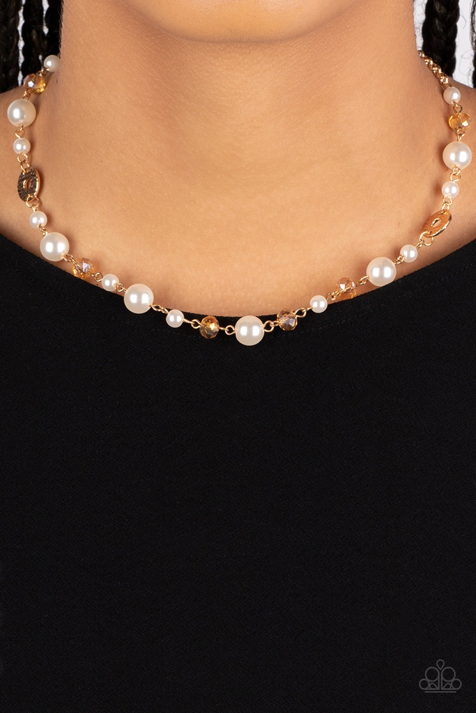 Pearl Necklace - Golden Crystal Beads in Gold Chain - Traditional Transcendence
