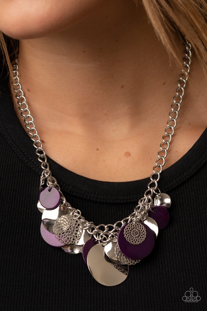 Purple Necklace with Charm Discs in Silver Chain - Oceanic Opera