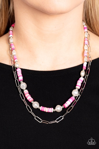 Paperclip Necklace Layered Pink Rubber Discs with Baroque Pearls and Silver Chain - Tidal Trendsetter