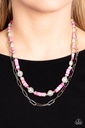 Paperclip Necklace Layered Pink Rubber Discs with Baroque Pearls and Silver Chain - Tidal Trendsetter