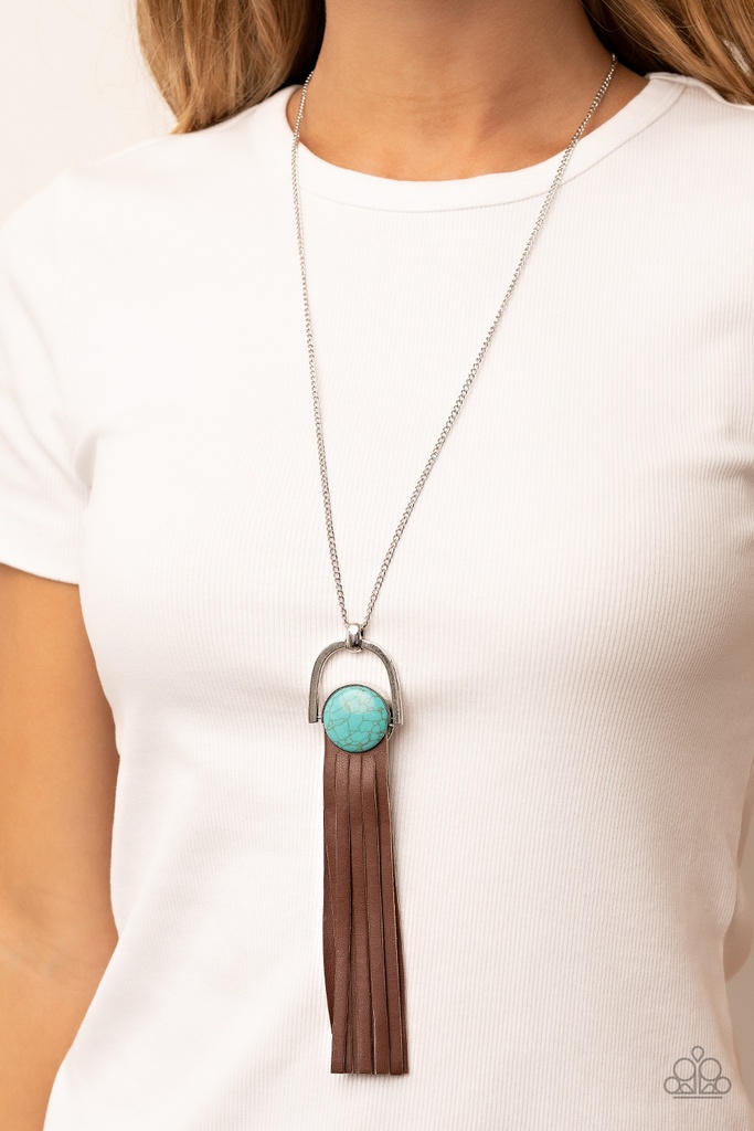 Western Necklace Turquoise and Leather Fringe Pendant - Silver Chain - Winslow Wanderer
