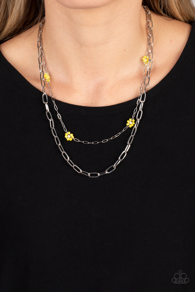 Layered Paperclip Necklace with Yellow Seed Bead Flowers - Silver Chains - Bold Buds