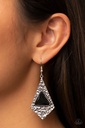 Edgy Earrings with Black Gem in Hammered Silver Kite Frame - Cosmic Destination