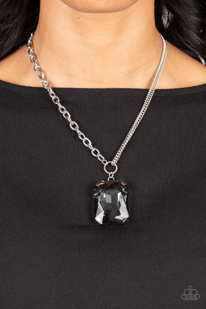 Oversized Black Gem Pendant Necklace in Silver Chain - Instant Intimidation