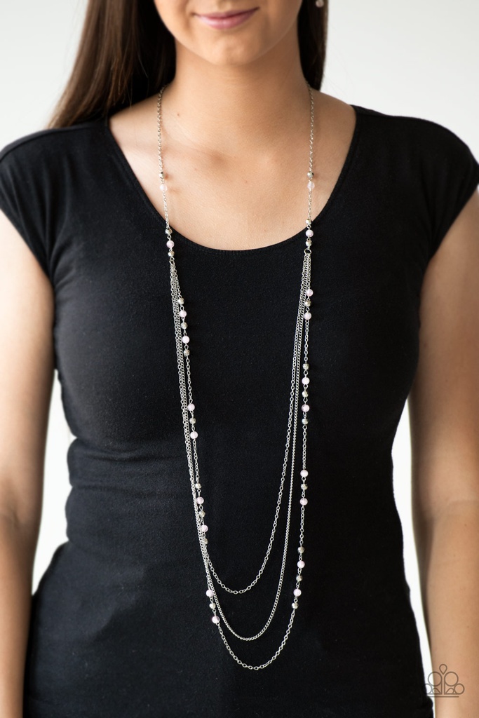 Long Necklace Layered with Pink and Silver Beads - Colorful Cadence
