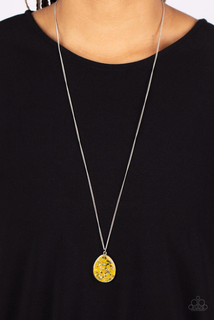 Teardrop Necklace with Iridescent Shell Finish Fleck on Yellow Pendant - Shimmering Seafloors