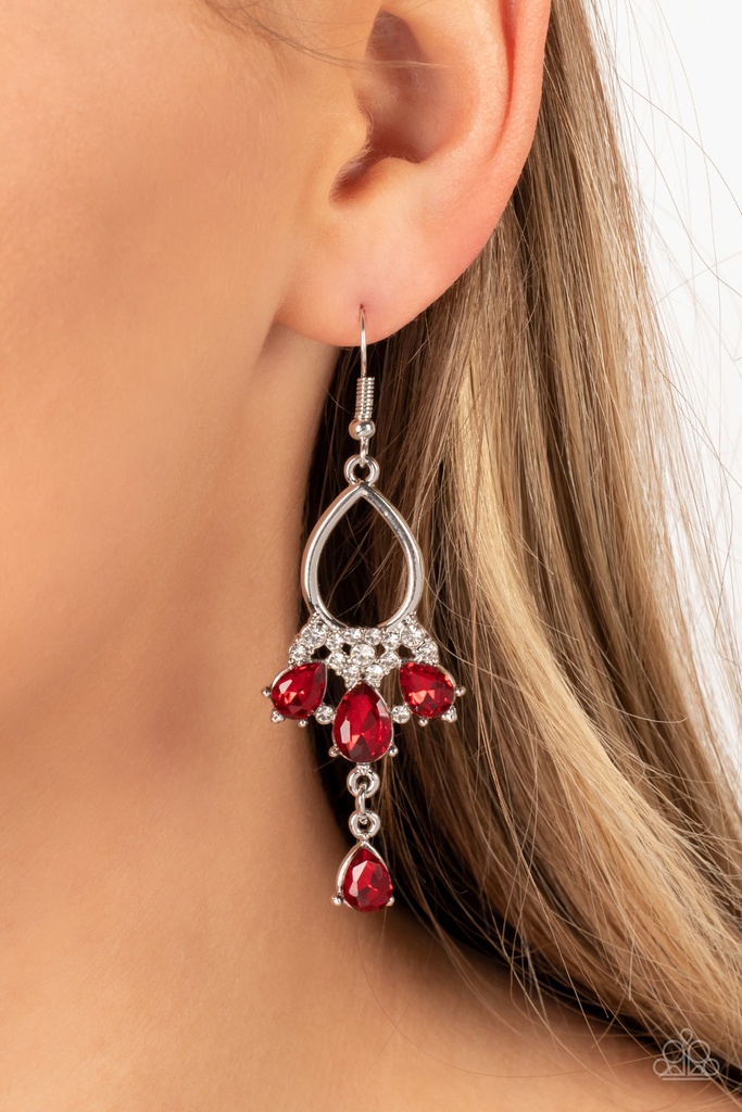 Formal Teardrop Earrings with Red Crystals in Silver Dangle - Coming in Clutch