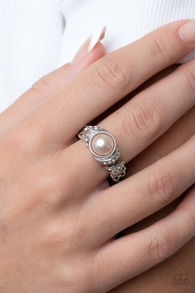 Brown Pearl Ring in Stretch Ring with Silver Adjustable Ring Band - Selfie Status