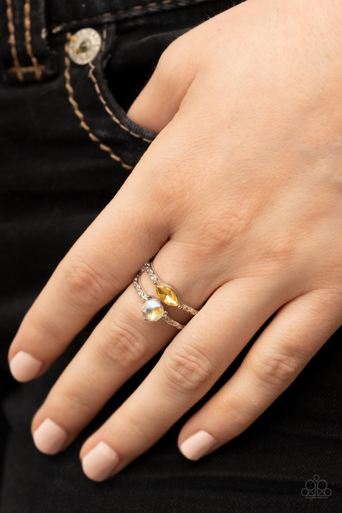 Iridescent Crystal Stretch Ring in Yellow with silver Adjustable Ring Band - Embraceable Elegance