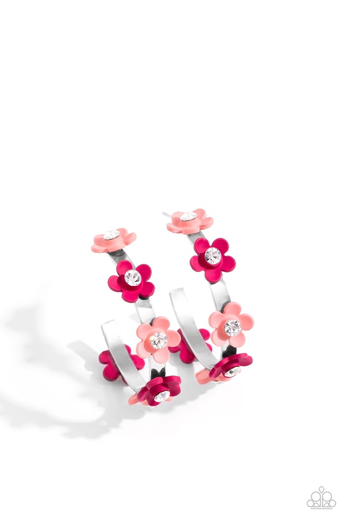 Flower Hoop Earrings with Pink and Peach Flowers in Silver - Strictly Springtime