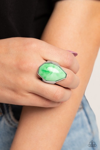 Asymmetrical Stretch Ring with Green Bead in Silver Adjustable Ring Band - Never Say TIE DYE