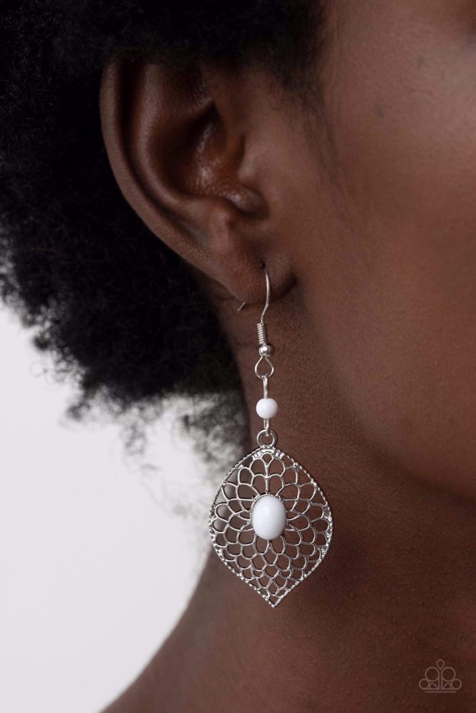 Silver Filigree Earrings White Beads - Perky Perennial