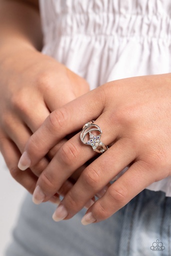 Moon and Star Stretch Ring with Iridescent Crystals in Silver Adjustable Ring Band - Stargazing Style