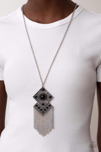 Tassel Necklace with Black Beads and Long Silver Chain - Kite Flight