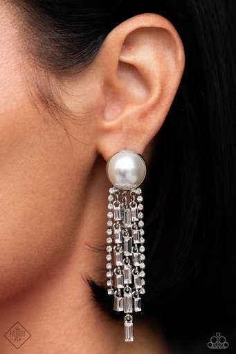 White Pearl Long Post Earrings with Crystals Elegant Design - Genuinely Gatsby