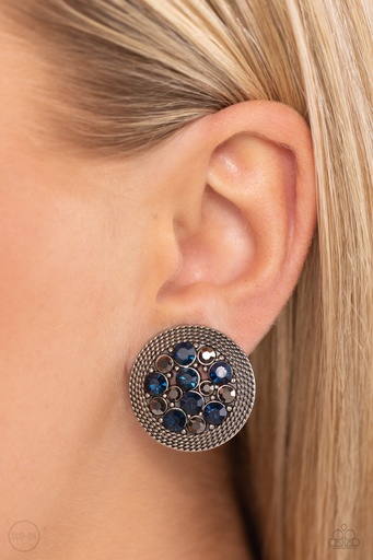 Clip On Earrings with Hematite and Blue Crystals in Silver Frame Non-Pierced Earrings - Stellar Status