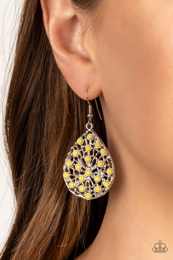 Yellow Beads on Teardrop Earrings Dangle in Silver - Botanical Berries
