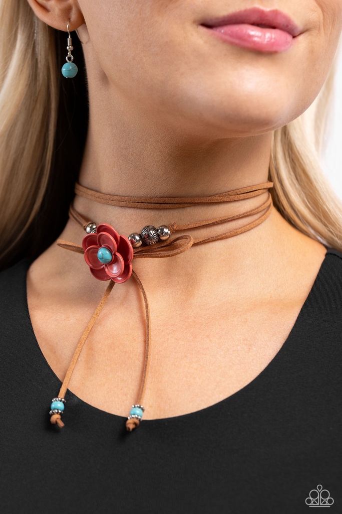 Turquoise Flower Necklace in Brown Suede Adjustable Necklace - Wanderlust Wrap