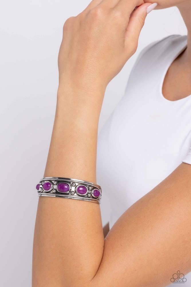 Natural Stone Wester Bracelet Cuff Purple Stone and Textured Silver with Floral Design - Stony Surprise