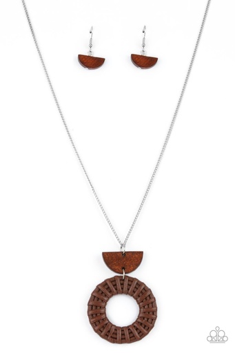 [051] Brown Wood Necklace with Silver Chain - Homespun Stylist