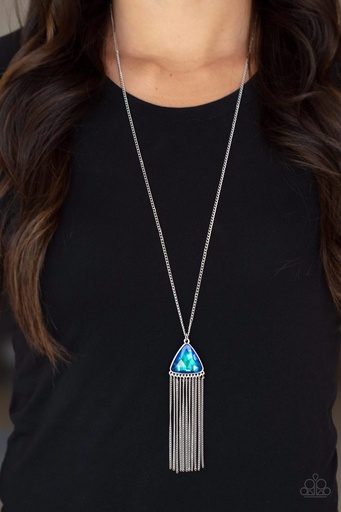 [070] Fringe Necklace with Iridescent Blue Pendant - Proudly Prismatic