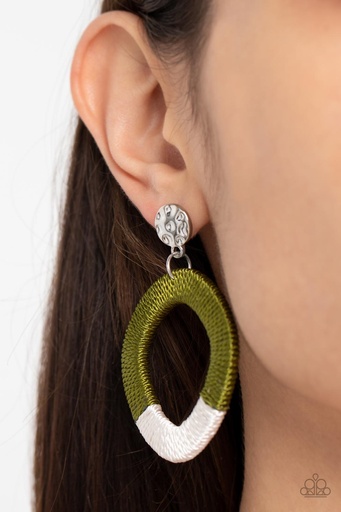 [084] Thread Earrings in Green and White on Silver Post - That's a WRAPAROUND