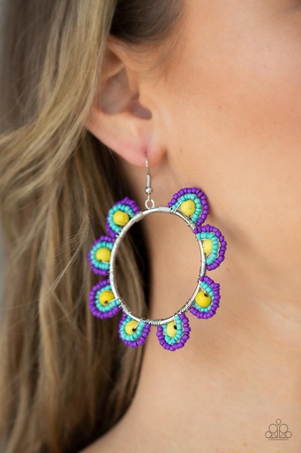 [181] Seed Bead Earrings in Blue Yellow and Purple - Groovy Gardens