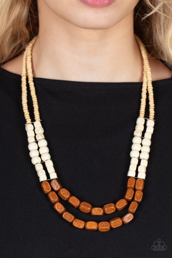 [183] Layered Necklace with Brown Wood Beads - Bermuda Bellhop