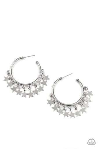 [186] Silver Star Earrings with Fringe Hoops - Happy Independence Day
