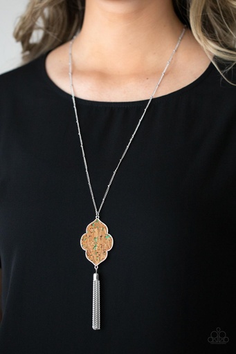 [191] Pendant Necklace with Green Glitter Cork in Silver  - One Night In Casablanca