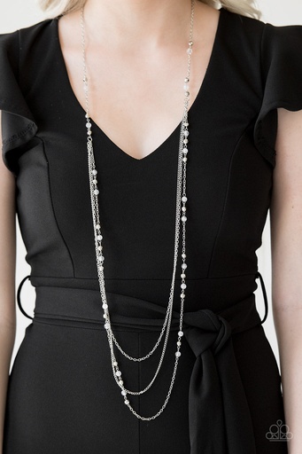 [213] Long Necklace Layered with White and Silver Beads - Colorful Cadence