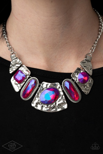 [230] Statement Necklace Pink Purple UV Finish Iridescent Jewelry - Silver - Futuristic Fashionista