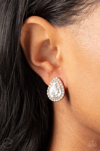 [234] Clip on Earrings in Rose Gold Teardrop Crystal  - Cosmic Castles