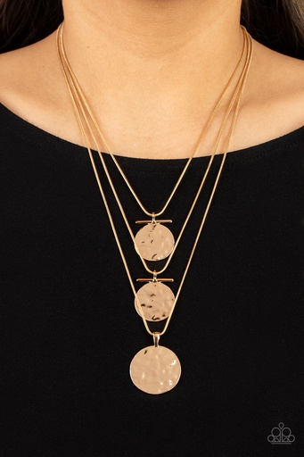 [241] Layered Necklace Gold Hammered Circles - Snake Chain  - Dizzying Discs