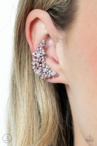 [323] Opal Pink Ear Climber Earrings with White Crystals - Prismatically Panoramic