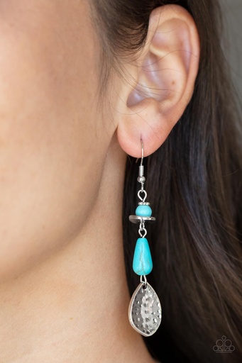 [339] Turquoise Earrings Silver Dangle with Blue Stone and Hammered Metal  - Artfully Artisan