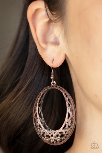[340] Copper Earrings Oval Dangle with Flower Design - Gardenista Grandeur