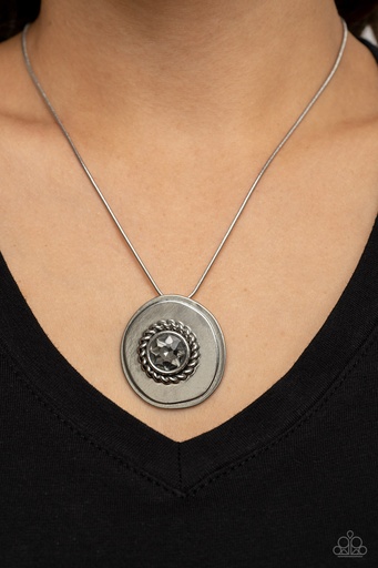 [343] Silver Medallion Necklace With Smoky Crystal in Silver Snake Chain  - Make Me a MEDALLION-aire