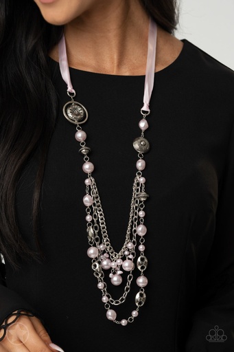 [349] Long Necklace, Beaded with Pink Pearl Beads and Pink Ribbon - All The Trimmings