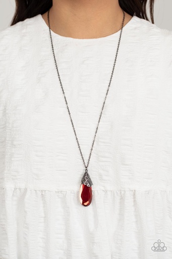 [350] Red Necklace Long Teardrop Gem on Gunmetal Chain - Dibs on the Dazzle